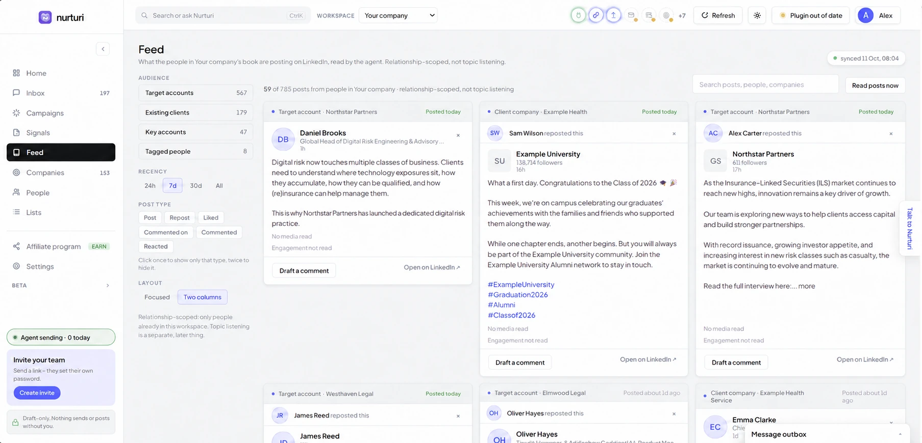 Edited Nurturi Feed example showing client posts and a Draft a comment action