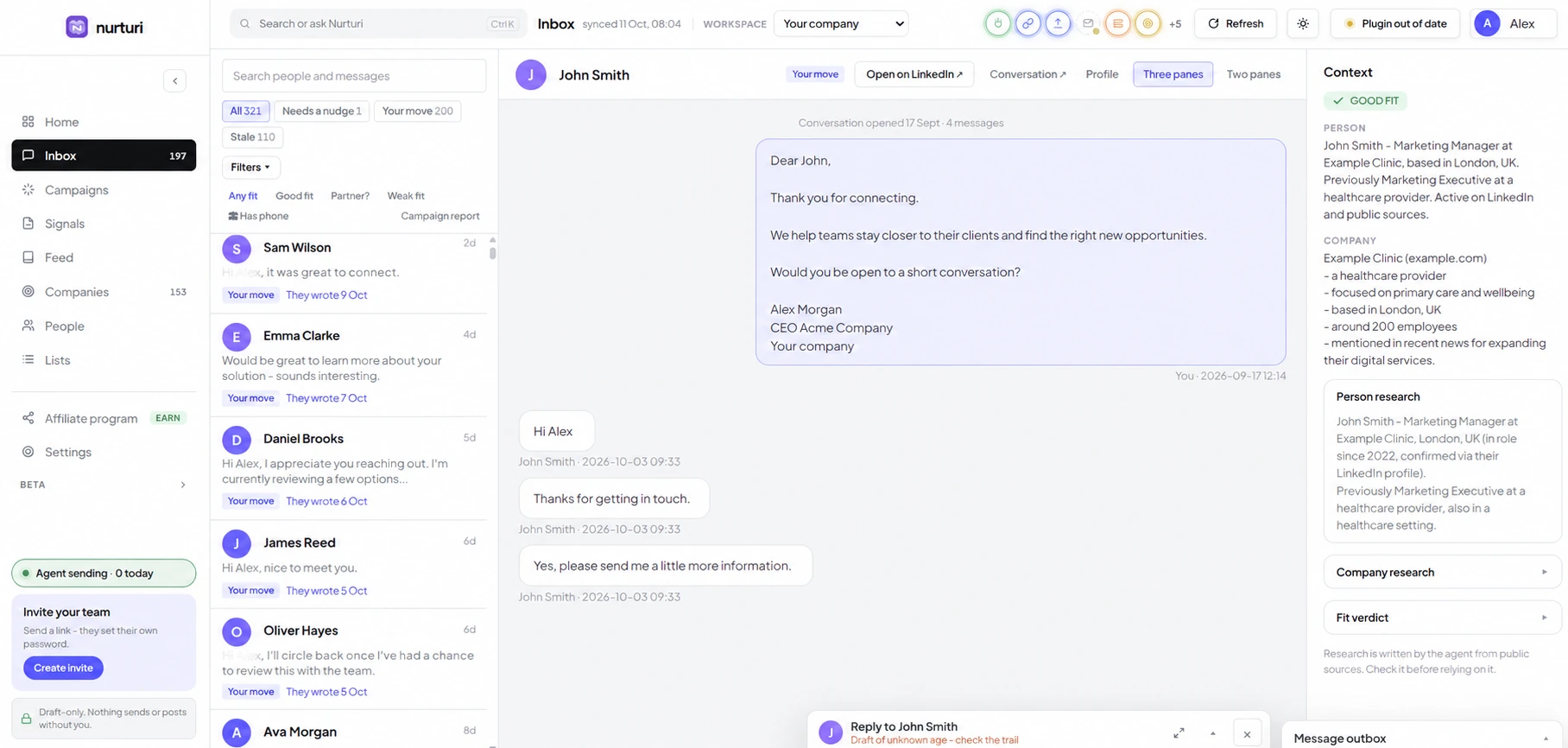 Edited Nurturi Inbox example with fictional John Smith conversation and Acme Company signature