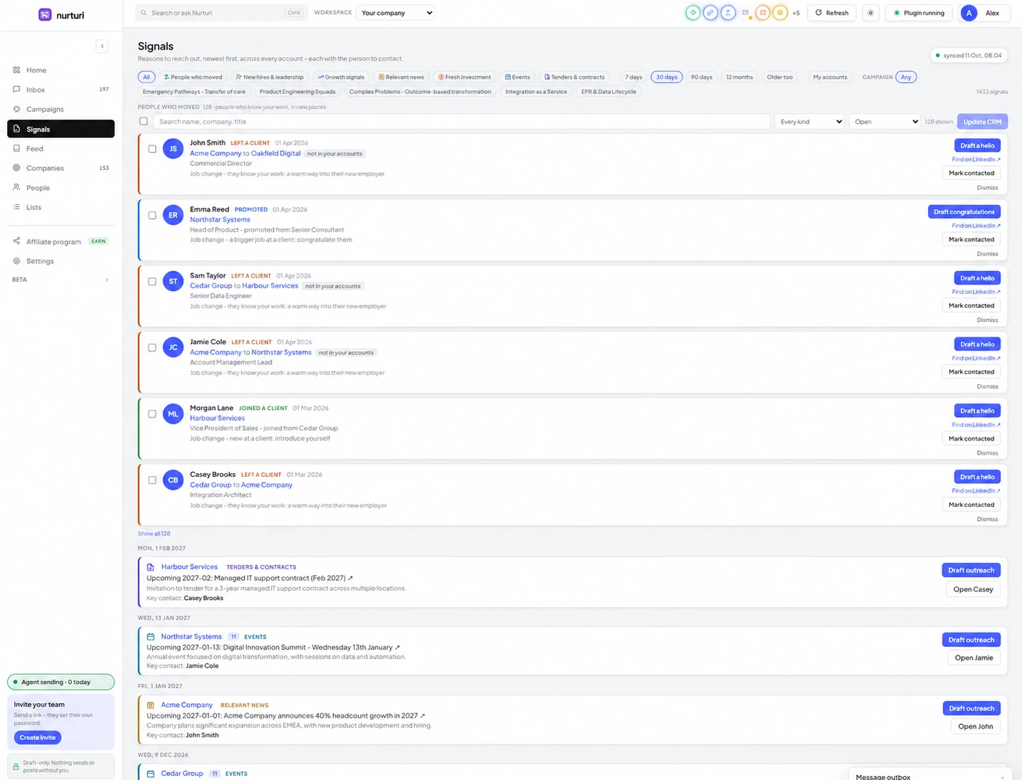 Edited Nurturi Signals example with fictional job moves, tender alerts, events and growth signals